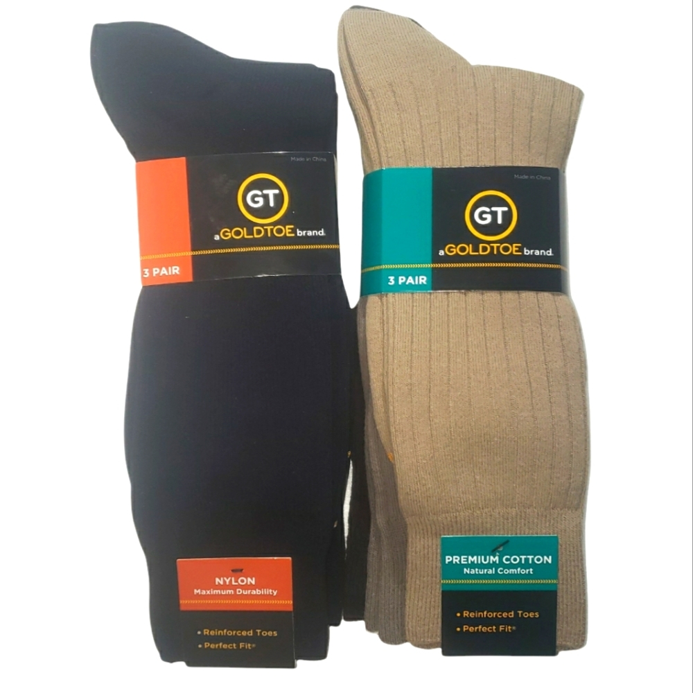 GoldToe Men Socks Six Pair Lot w/3 Brown Tan Taupe Premium Cotton 3 Black Nylon